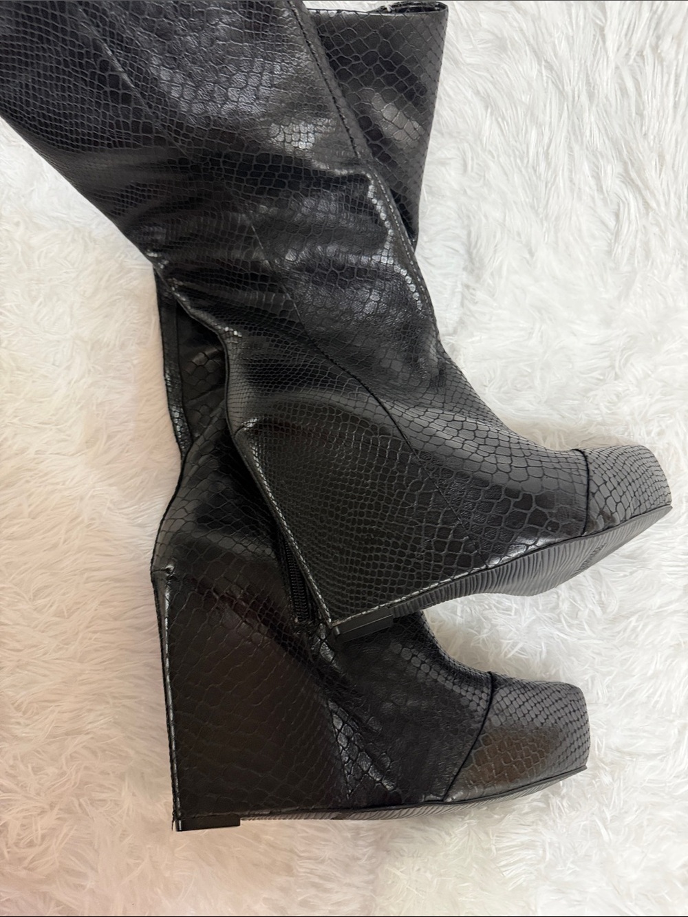 Boutique 9 Black Leather-Textured Wedge Below Knee Boots NWOT